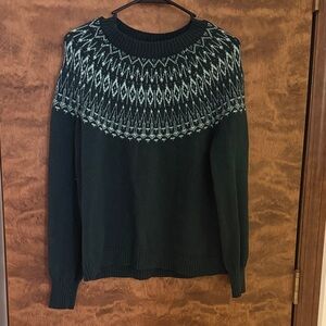 LOFT Dark Green and White Fair Isle Crewneck Sweater - Small